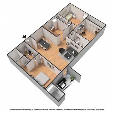 Floor plan for 3 beds, 2 baths, 1300 sqft
